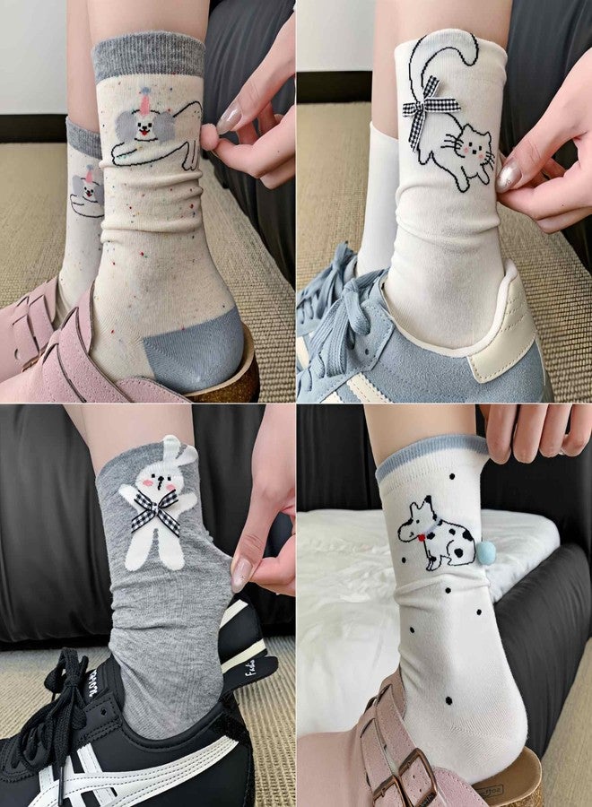 Winatehr Cute Animal Socks, Novelty Fun Crew Socks for Women Teen Girl, Kawaii Bow Sock with Cat Dog Bunny Size 5-9, Funny Unique Bulk Stuff Gifts for Women (4 Pair) - Image 4